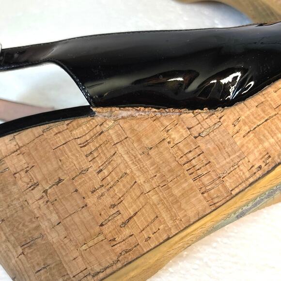 Stuart Weitzman Black Patent Leather Sling back Peep Toe Cork Wedge Heel 8.5 - Picture 8 of 8